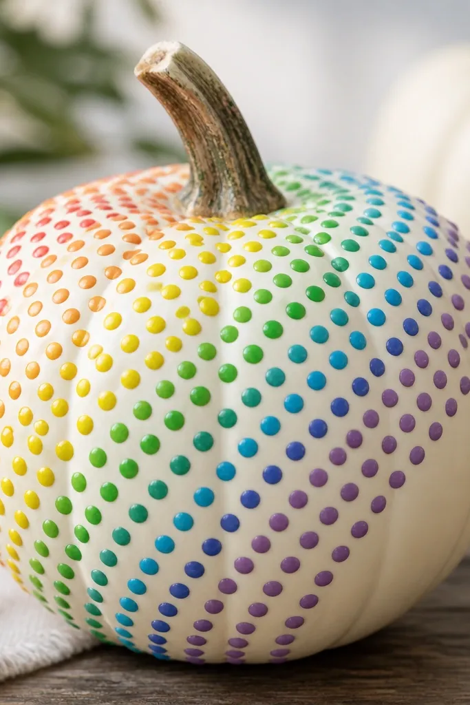 A pumpkin covered with tiny dots in a rainbow arc from top left to bottom right, with each dot crisp and evenly sized.