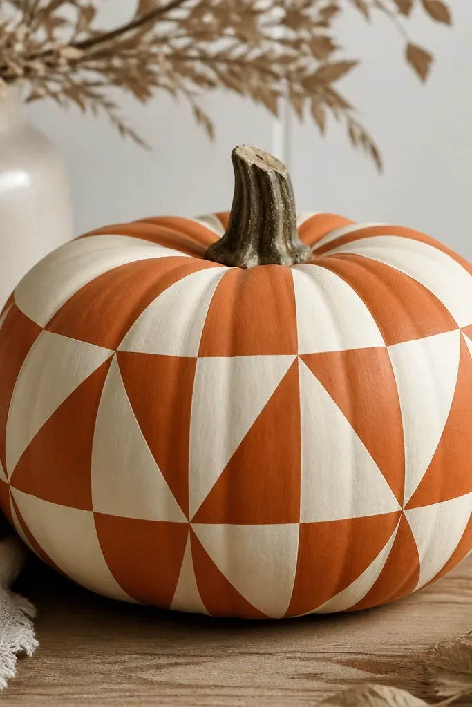 A pumpkin painted in alternating triangles of burnt orange and cream, with clean tape edges forming a quilt-like pattern.