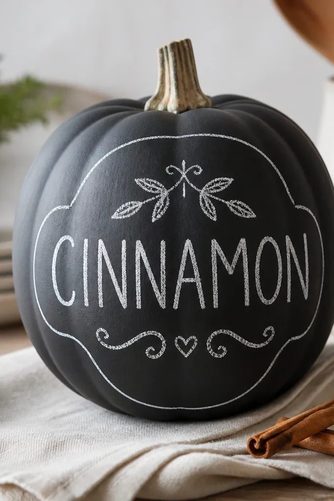 A matte black pumpkin with chalk-style writing like 'CINNAMON' and small doodles, plus a thin white border line.