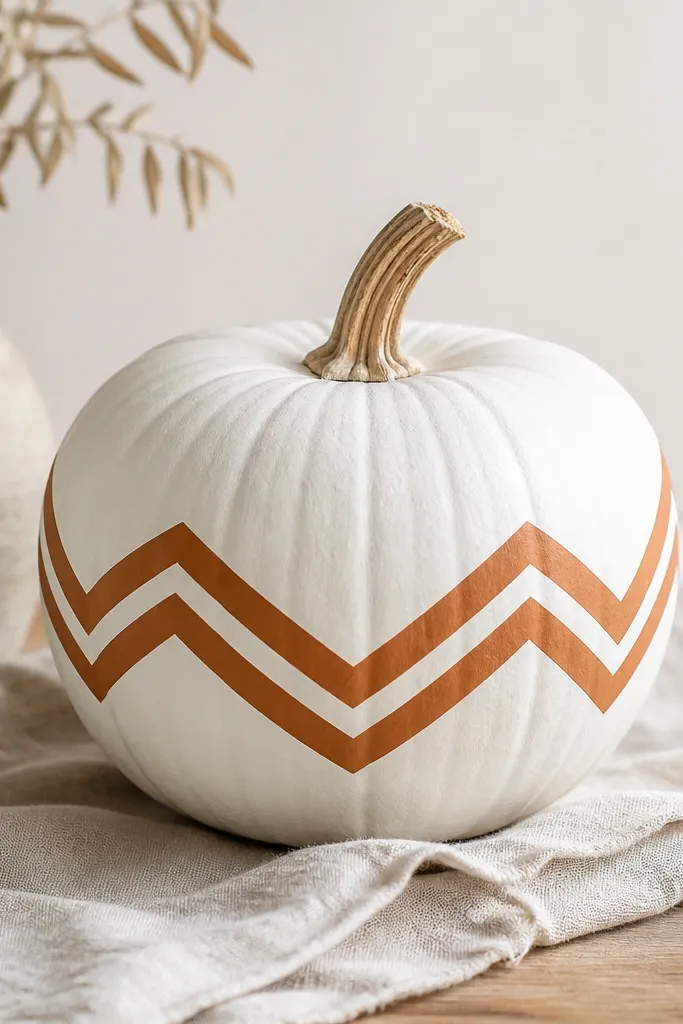 A white pumpkin with a single terracotta chevron band around the middle, with the chevrons pointing down into the center.