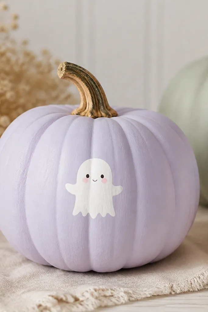 A light lavender pumpkin with small white ghost silhouettes and tiny pastel faces, each ghost centered on the front.