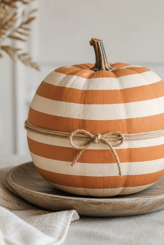 A pumpkin painted with horizontal cream stripes over muted orange, tied with a small loop of twine around the center with a painted knot detail.