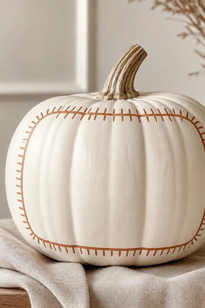 A pumpkin painted matte cream with a hand-painted cinnamon-colored border line, plus small stick-like strokes forming a frame around the edges.
