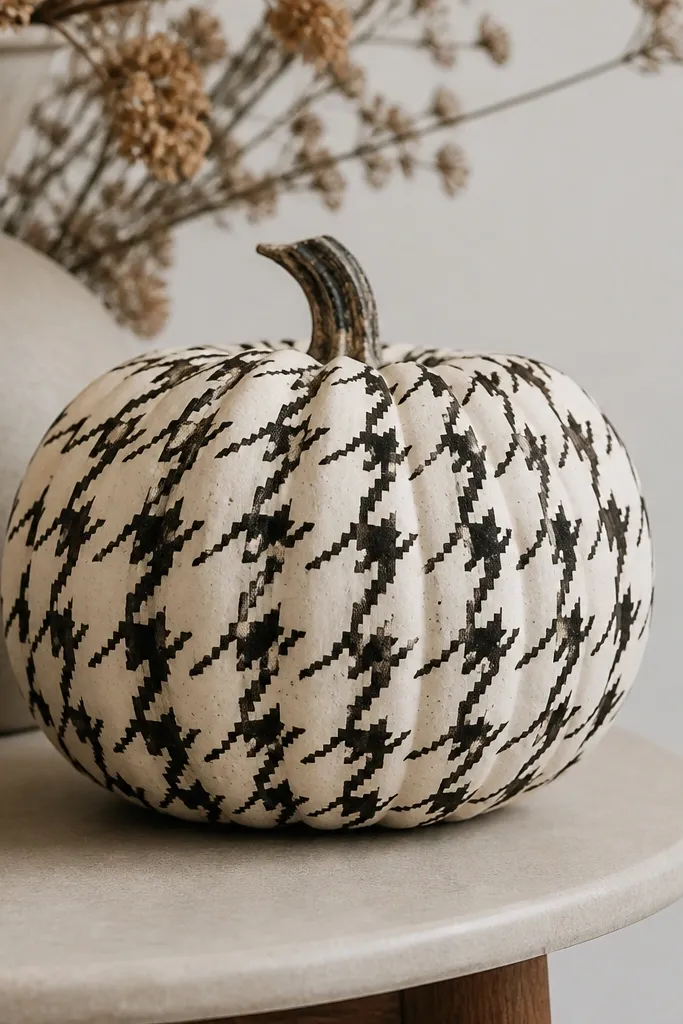 A cream pumpkin with repeating black houndstooth-like checks, with tiny spots and small angled shapes that mimic the classic pattern.
