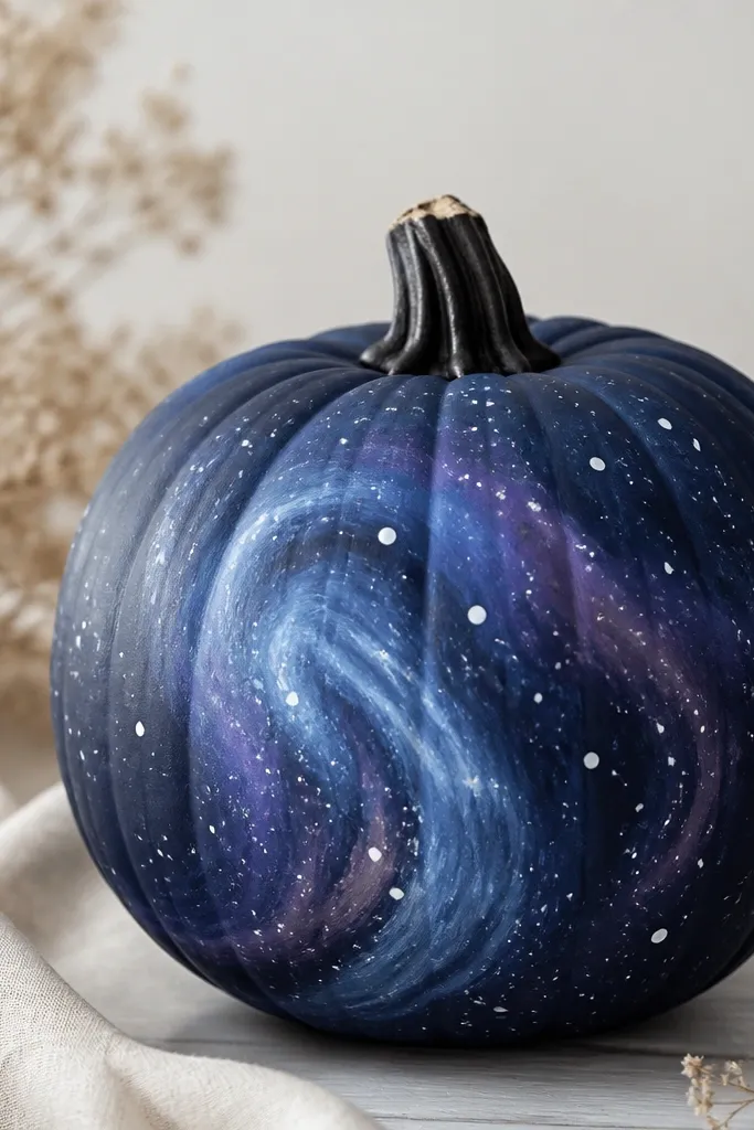 A dark navy pumpkin with a swirl of lighter blue and purple paint and scattered white star dots of varying sizes.
