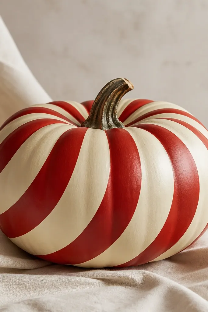 A pumpkin painted cream with bold red curved stripes wrapping around it like a candy cane, with smooth paint edges.