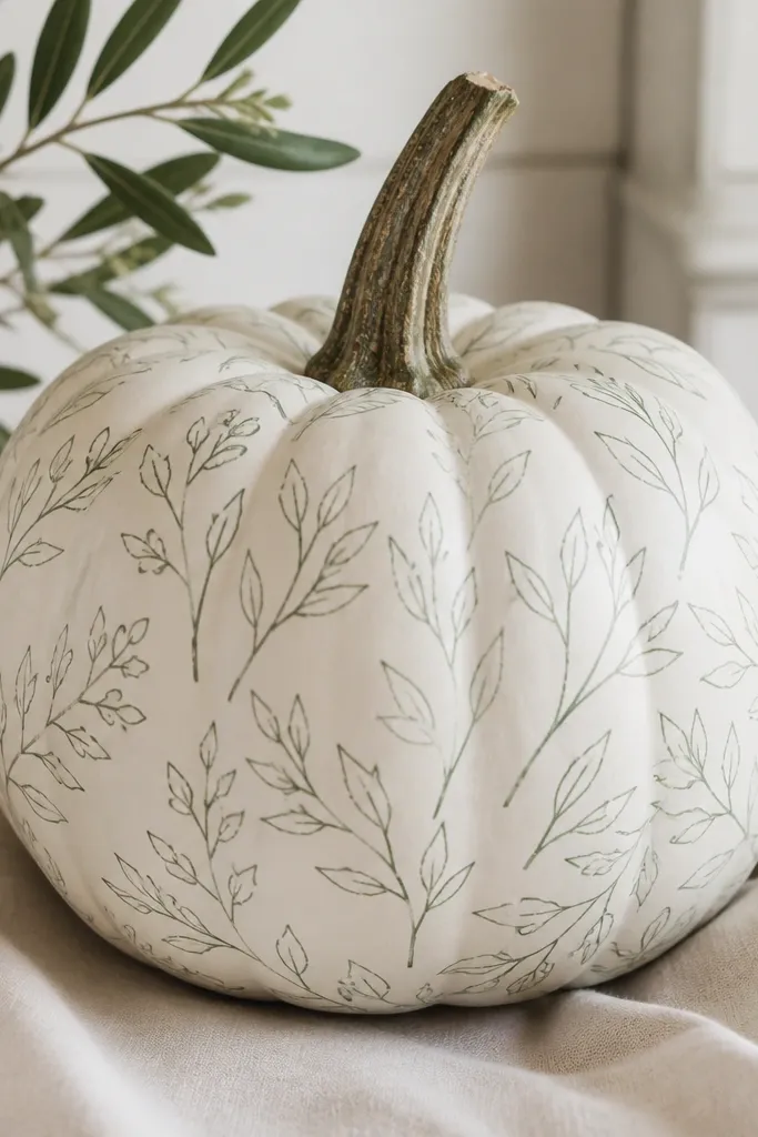 A white pumpkin covered with thin sage-green line drawings of leaves and small stems, with no filled color, just clean outlines.
