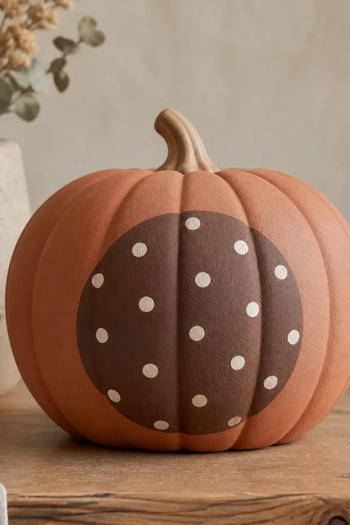 A terracotta pumpkin with a circular burnt umber center medallion, surrounded by evenly spaced small cream polka dots.