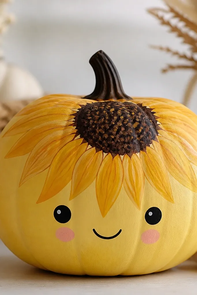 A pumpkin painted warm yellow with a sunflower face: dark brown center, petals around the top, and small smiling mouth with tiny blush cheeks.