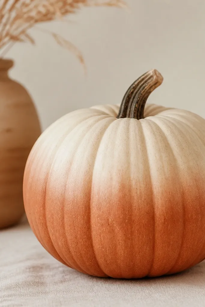 A pumpkin with terracotta at the bottom fading smoothly into cream at the top, with no hard line, like a dip-dyed fabric effect.