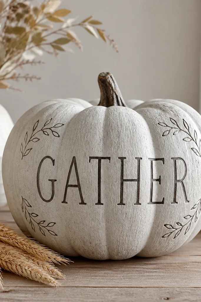 A pale gray pumpkin with charcoal letters reading 'GATHER' and small leaf doodles in the corners.