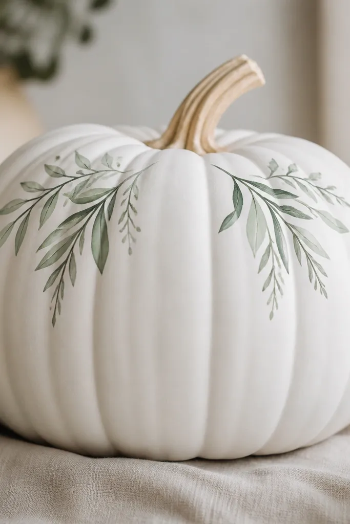A white pumpkin with two painted sprigs in sage and darker green placed in the top corners, with small rosemary-like leaves and tiny dots.