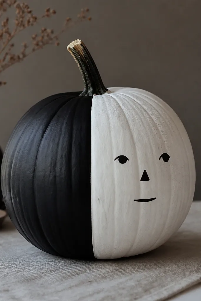 A pumpkin split vertically into black and white halves, with a simple face drawn on the white half: eyes, nose, and a small mouth.