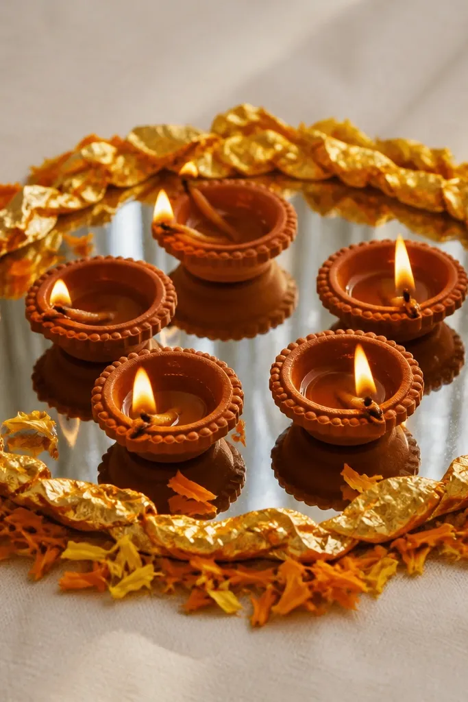 A round mirror-like tray holds five diyas. Around them is a ring made from crumpled gold foil strips, with small marigold petals scattered near the rim.