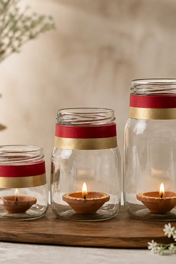 Three clear glass jars of different heights sit on a wooden board. Each jar has a diya inside and a band of red and gold paper around the neck.