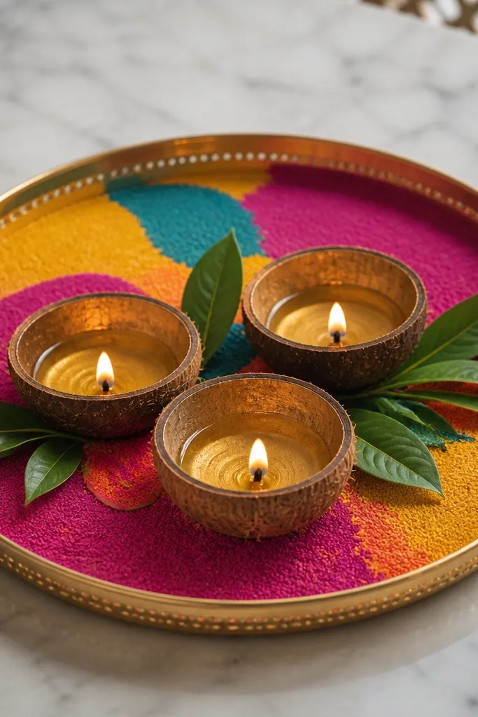 A shallow tray is filled with colored rangoli sand. Half coconut shells hold three diyas, with green leaf pieces tucked between them.