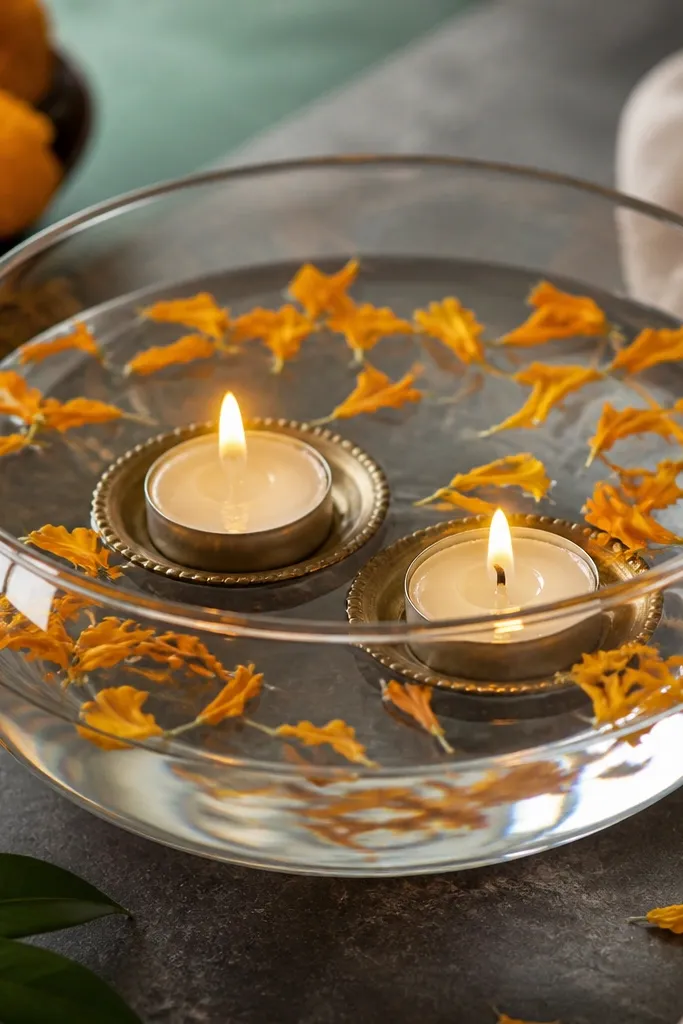 A shallow glass bowl filled with water holds two tea lights on small saucers. Marigold petals float around the lights, and the water reflects them.