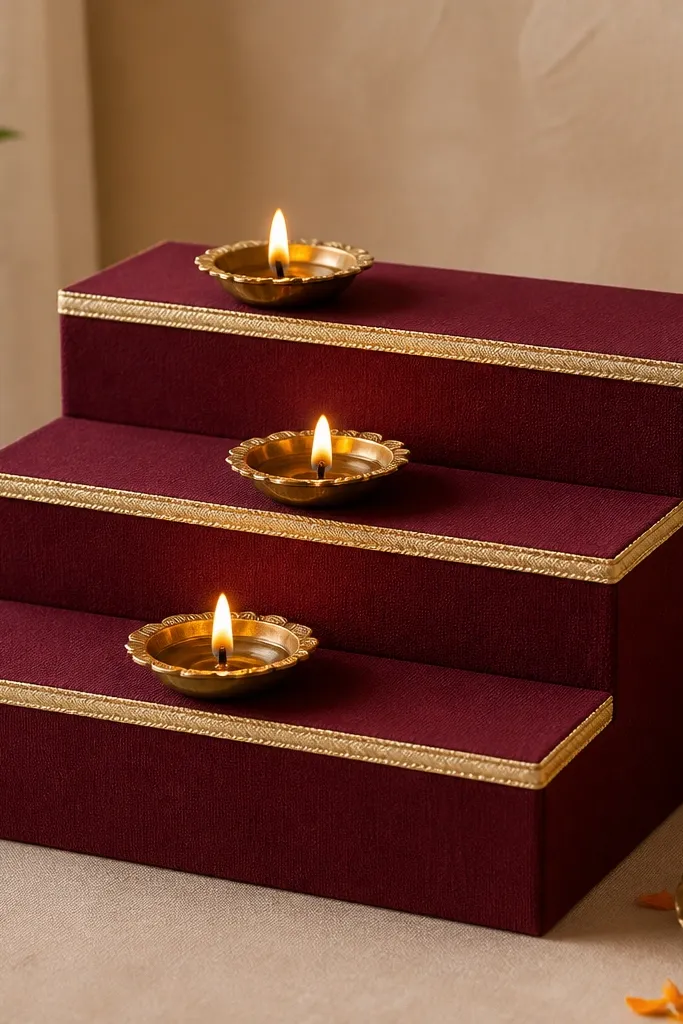 A three-step structure made from thick cardboard is covered in maroon fabric. Diyas sit on each step, with a gold ribbon trim along the top edges.