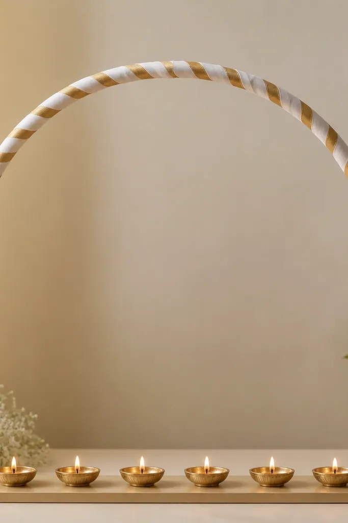 A simple arch frame is wrapped in alternating white and gold ribbon strings. Along the base sit six diyas, each spaced evenly.