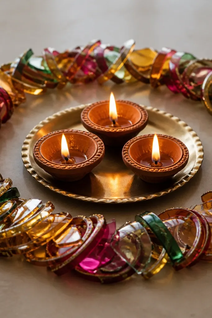 A circular ring made from broken glass bangles surrounds three diyas on a small tray. The bangles reflect the flame in tiny highlights.