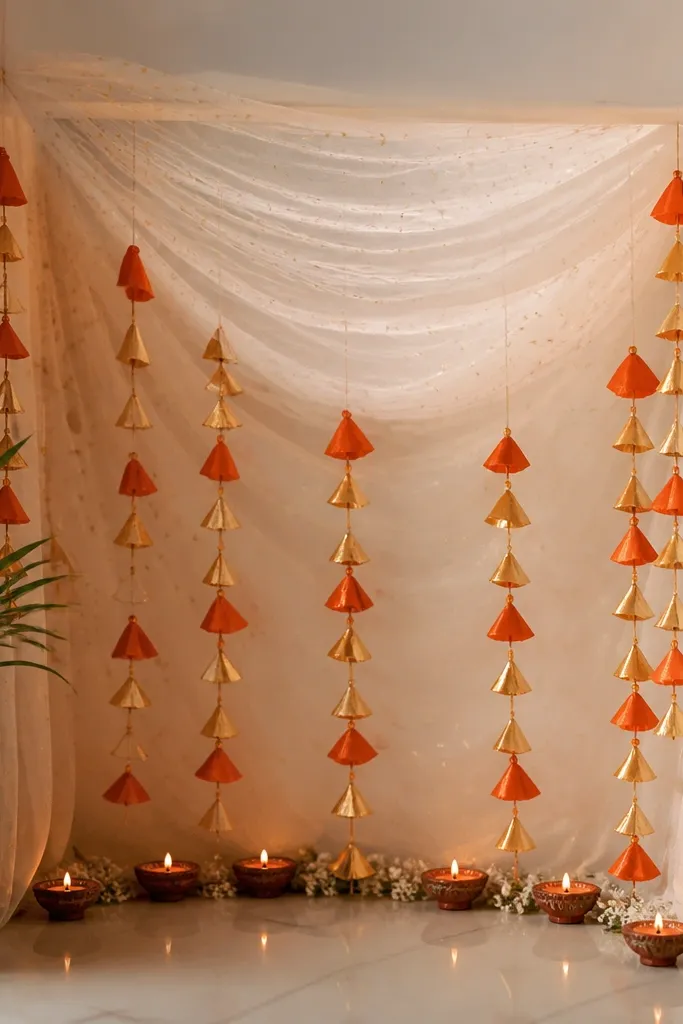 A small corner is covered with white net fabric stretched over a frame. Tassels in orange and gold paper hang down, with diyas lined along the bottom.