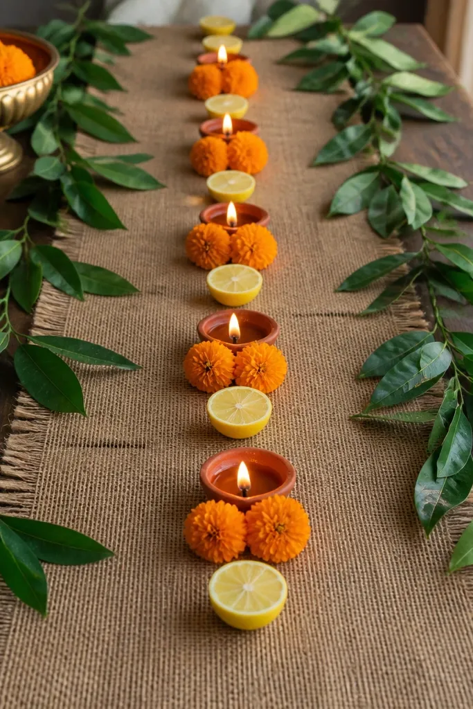 A jute runner covers a table. A row of diyas sits between halved lemons and marigold clusters, with green leaves around the edges.