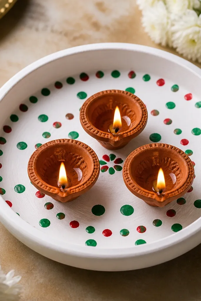 A terracotta saucer is painted white and dotted with red and green rangoli marks. Three diyas sit inside the painted bowl.