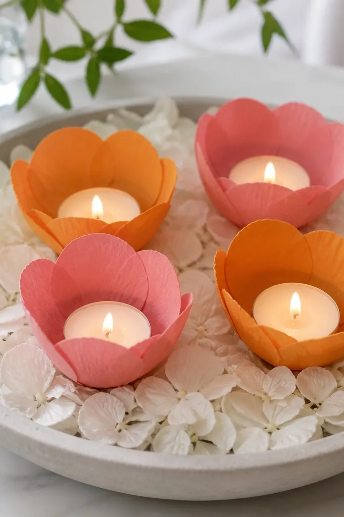 Flower-shaped paper cups in orange and pink hold small tea lights. They sit on a shallow tray with a bed of white petals.