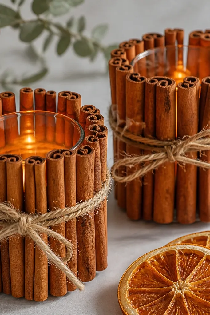 Cinnamon sticks are bundled around small glass holders and wrapped in jute twine. Diyas glow inside, with a few dried orange slices on the side.