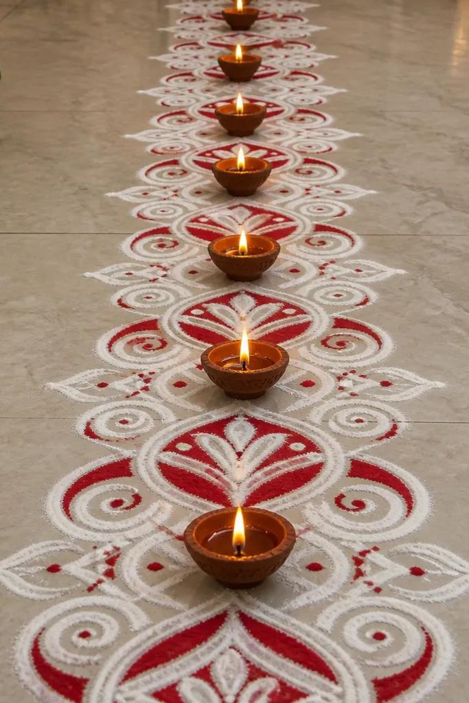 A floor area has a clean rangoli stencil path in white and red powder. Small diyas are placed along the center line, evenly spaced.