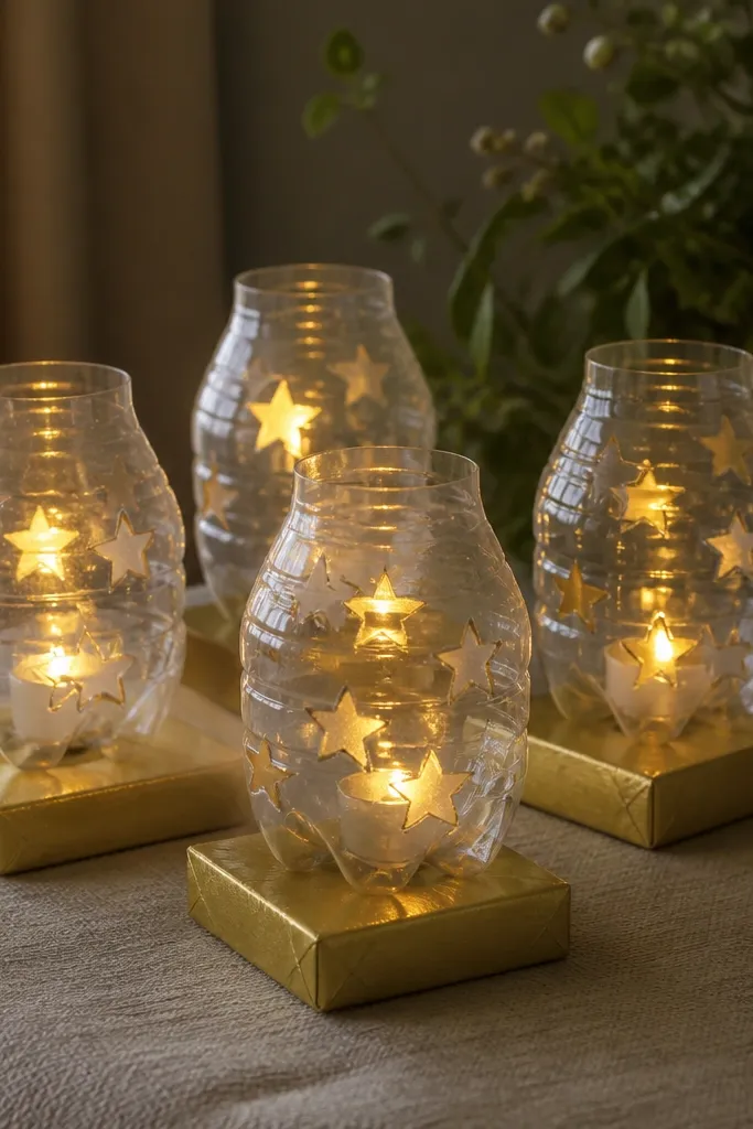Small lanterns made from cut plastic bottles have star cutouts. Each lantern has a tea light inside and sits on a cardboard base wrapped in gold paper.