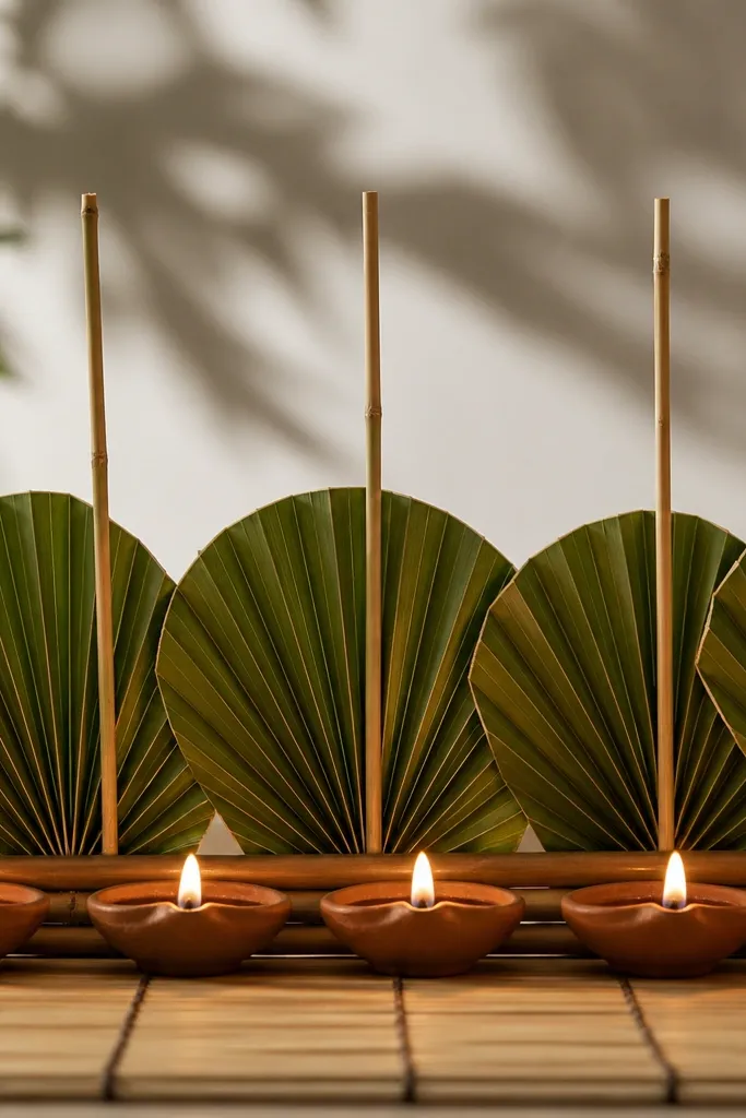 A line of diyas sits on a bamboo mat. Bamboo skewers are stuck upright behind them, with folded leaf fans between skewers.
