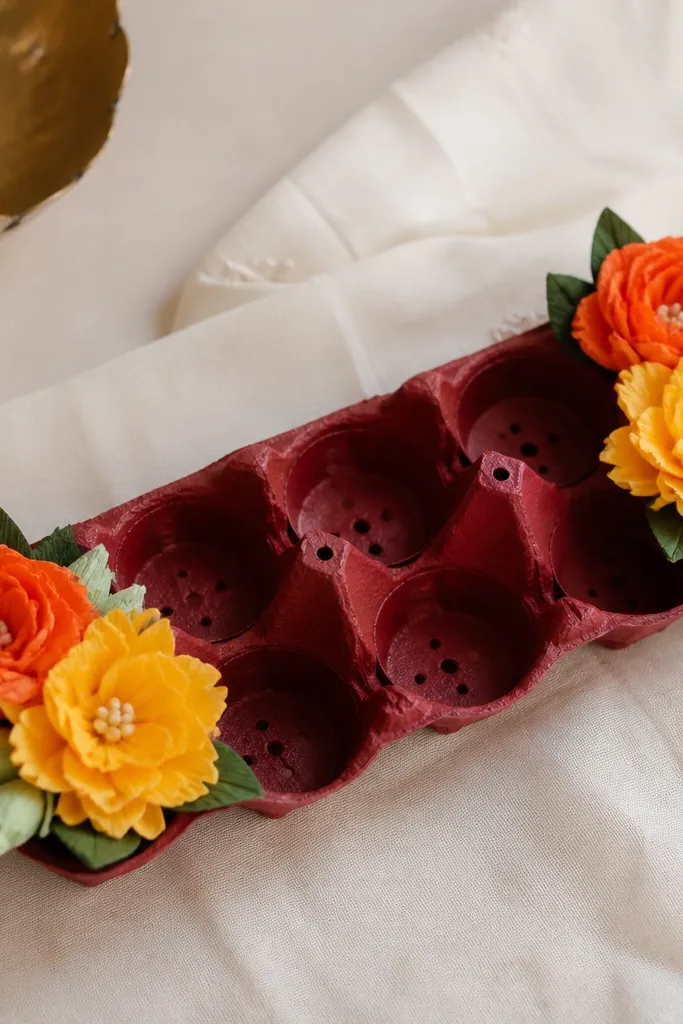 An egg carton is painted in dark maroon and has small holes for diyas. Paper flowers in orange and yellow sit at both ends.