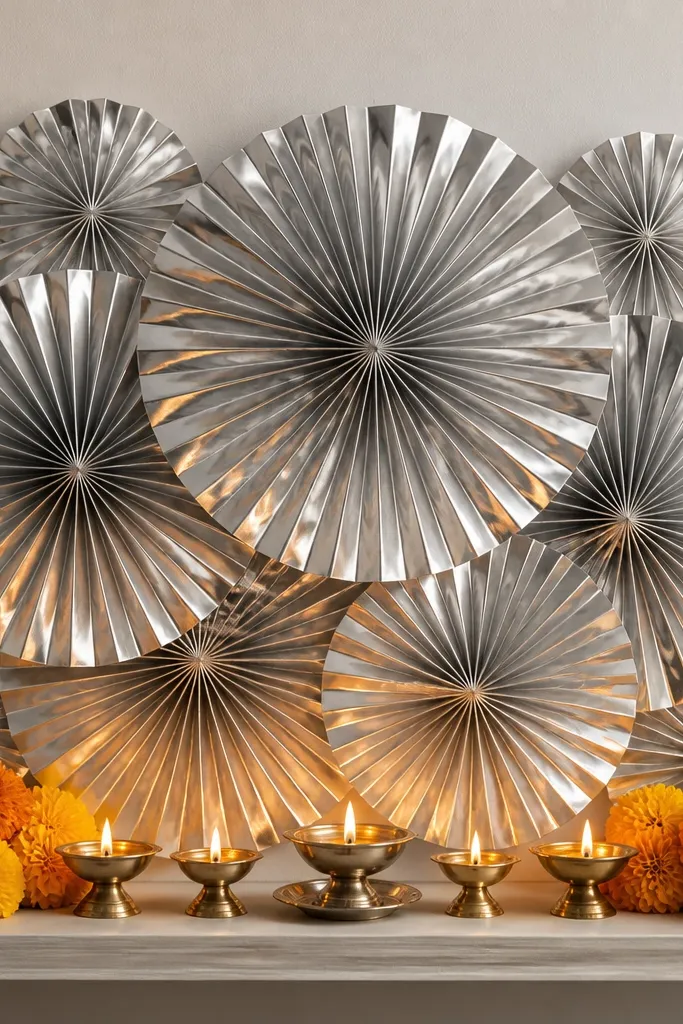 A backdrop on the wall is made of pleated aluminum foil fans. Diyas sit on a small shelf in front, with marigold clusters at the base.