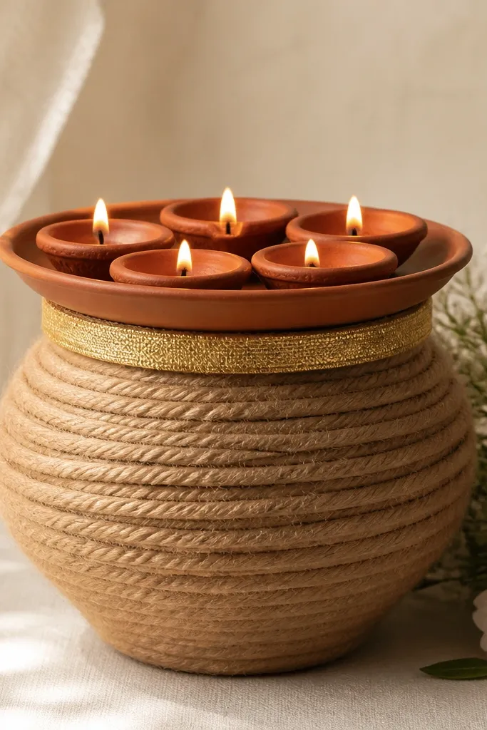 A terracotta pot is wrapped with thick jute rope in spirals. A small tray on top holds five diyas, with a gold ribbon around the pot rim.