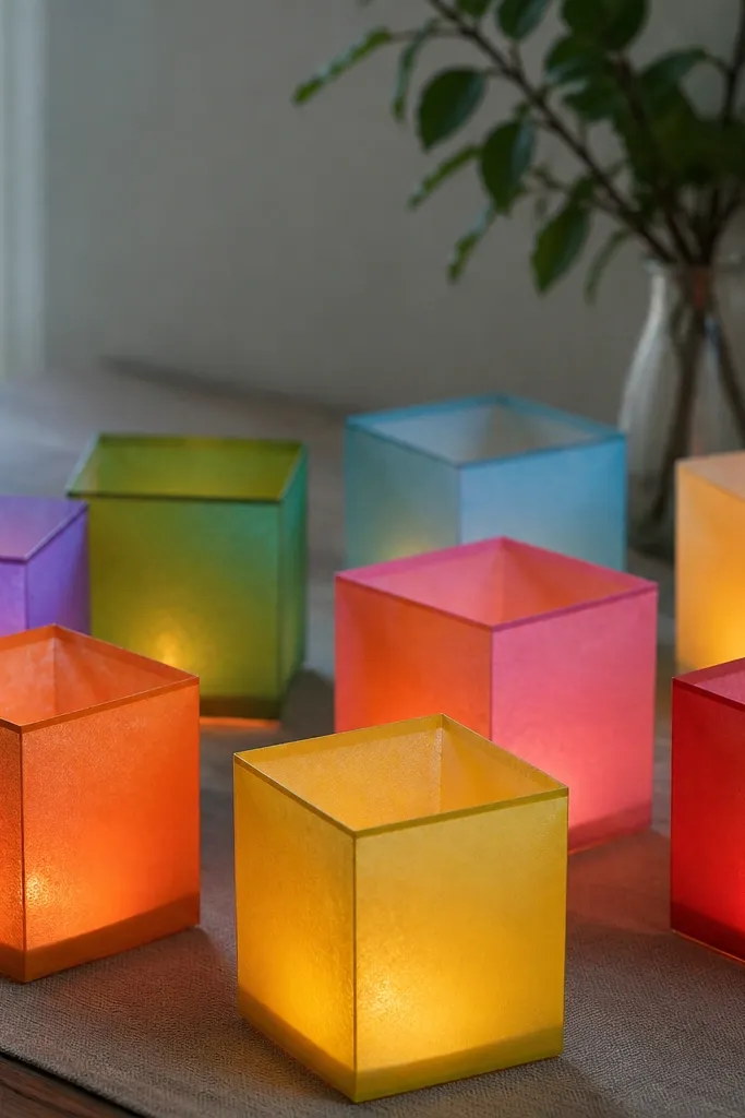 Small square lantern boxes made of colored paper sit on a table. Each lantern has a tea light inside, and the sides show solid color blocks.