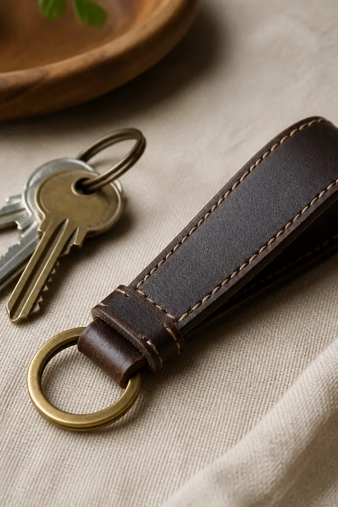 A handmade key fob made from a dark brown thrifted belt strap, stitched along the edges with tan thread, finished with a small solid brass ring and a short loop. Keys are shown next to it for scale.