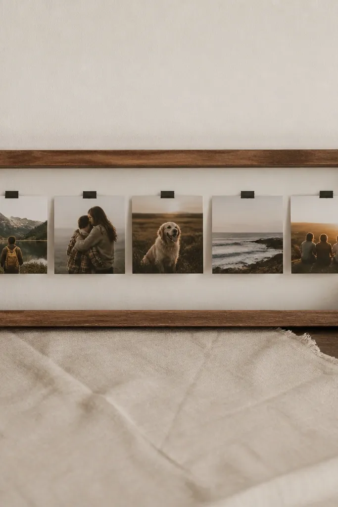 A small wooden frame with the glass removed. Inside is a neat horizontal strip of 5 printed photos with tiny matte-black tape tabs, and a handwritten date line at the bottom.