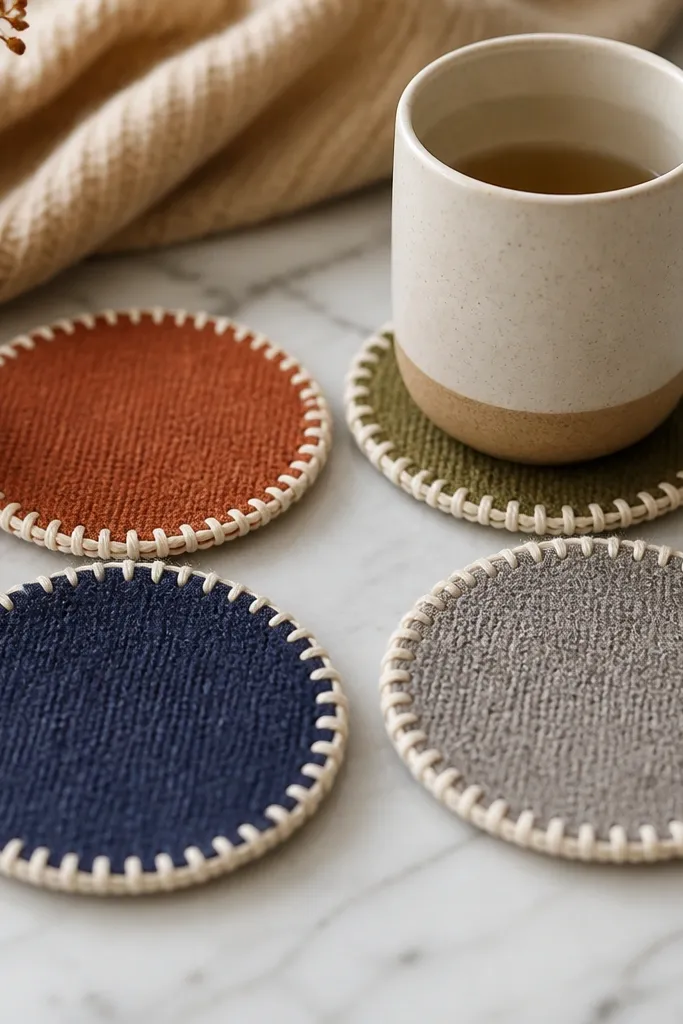 Four circular coasters made from a soft knit sweater fabric, each with a contrasting yarn blanket-stitch border in cream. A mug sits on top of one coaster.