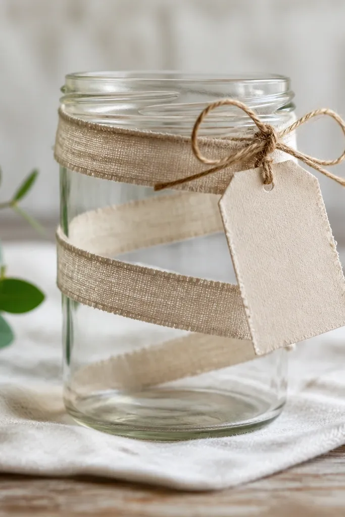 A clear jam jar wrapped with a narrow linen strip spiraling around it. The wrap is tied in a small bow with twine and a label tag hangs from the jar.