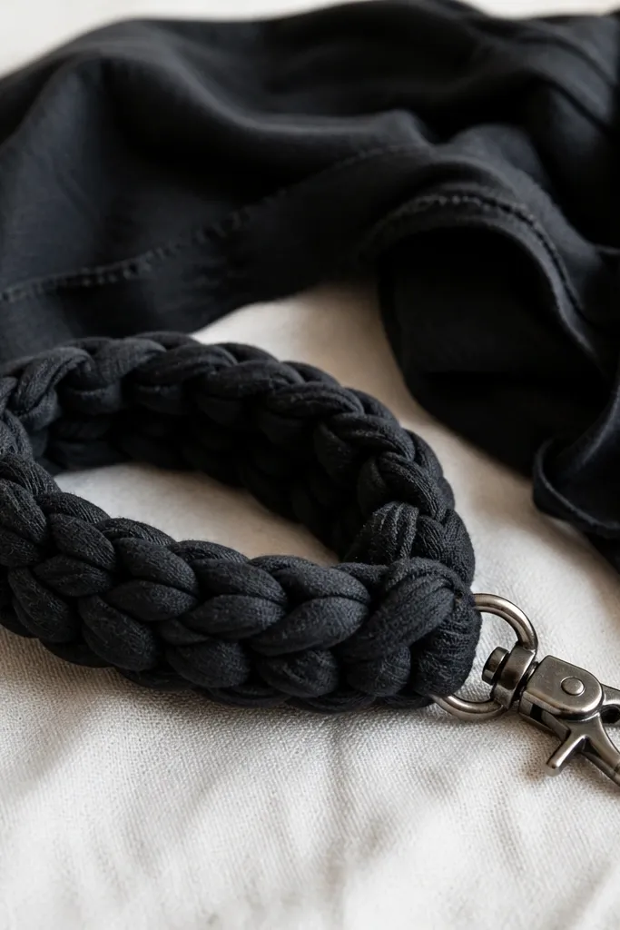 A thick braided rope keychain made from strips of an old black t-shirt, with a small metal clip at the end. It looks like a chunky bracelet.