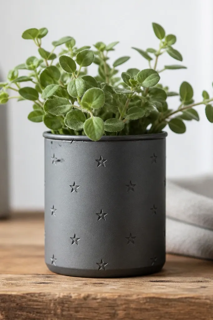 A small metal planter made from a clean tin can. The surface is sprayed matte, then stamped with small star shapes using a metal stamp. A tiny plant sits inside.