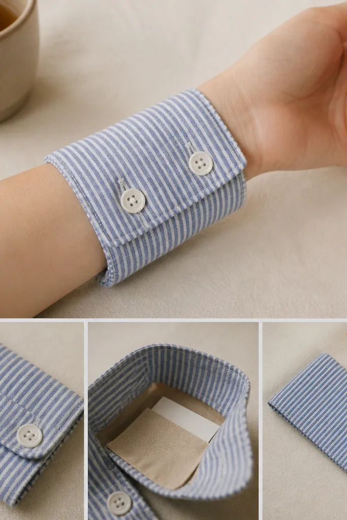 A wrist wrap made from a thrifted button-down shirt sleeve. It has cuff buttons, a folded edge, and a stitched inner pocket holding a small note.