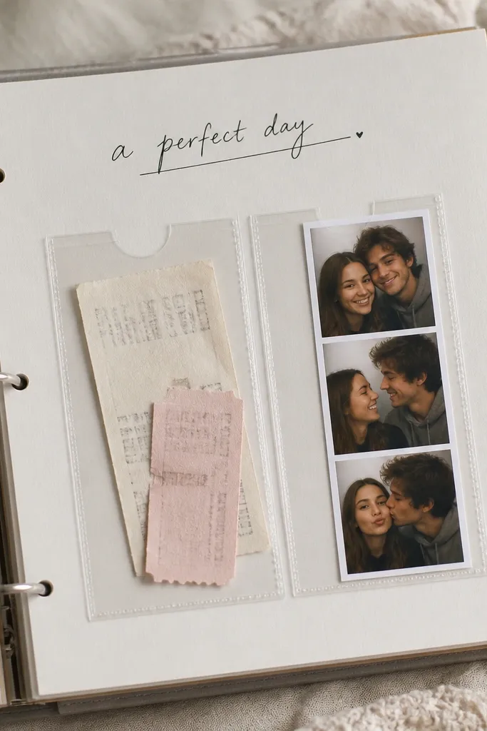 A single scrapbook page in a small binder. There are two clear pocket sleeves holding movie ticket stubs and a small strip of printed photos. A handwritten title sits at the top.