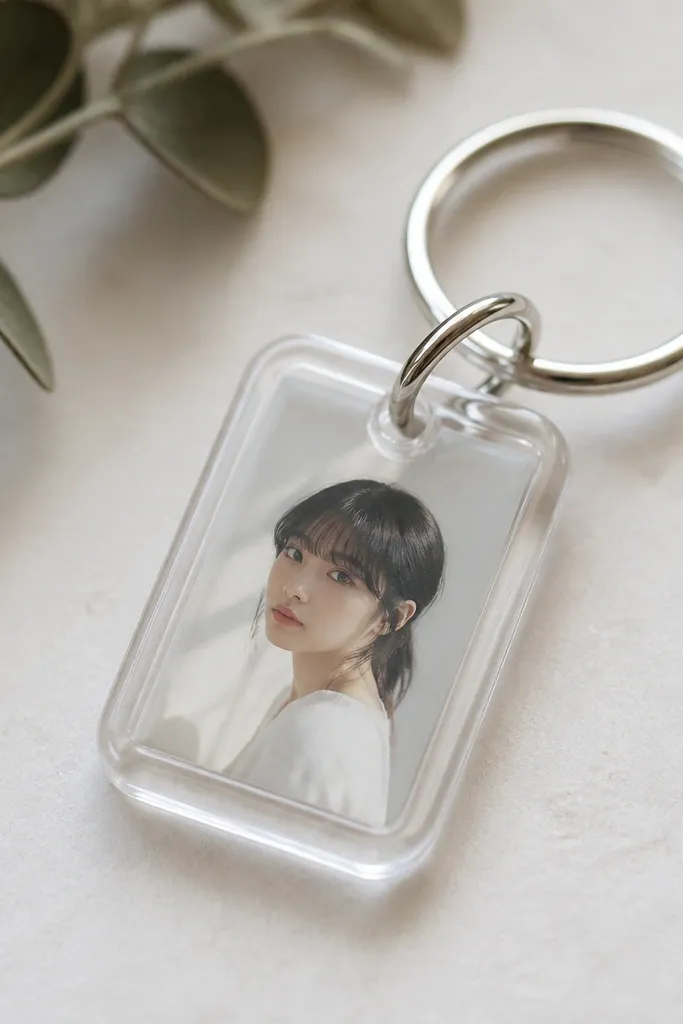 A clear shrink-plastic charm shaped like a small rectangle with a tiny printed portrait inside. The edges are rounded, and a metal keyring passes through a punched hole.