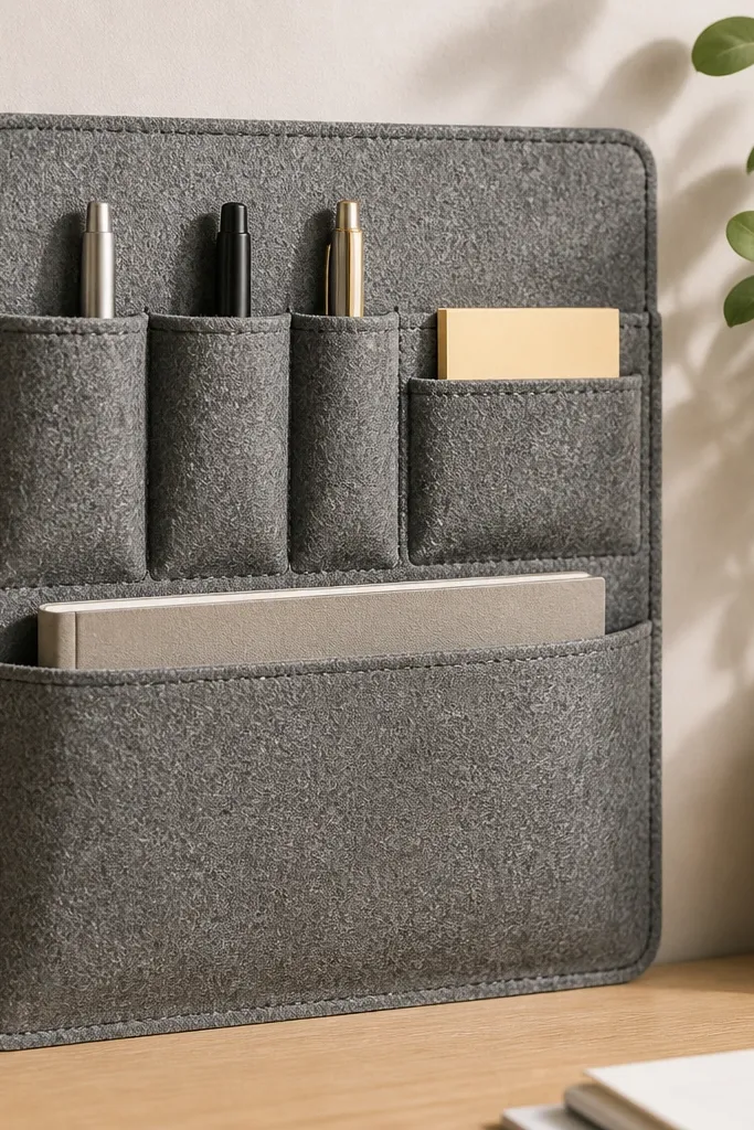 A felt organizer panel with three compartments for pens, a small slot for sticky notes, and a front pocket. It's made from thick felt in heather gray with dark stitching.