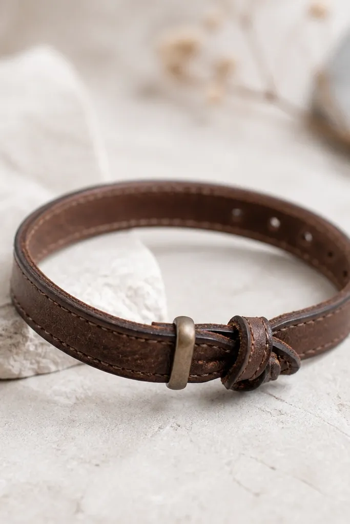 A bracelet made from a vintage watch leather band. The band is trimmed and reattached with a simple knot closure and a small metal slider.