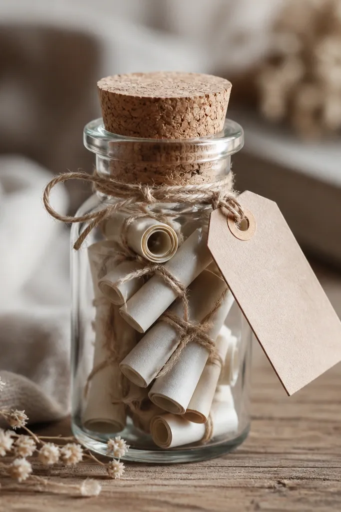 A small glass bottle filled with rolled paper notes tied with twine. The bottle has a cork stopper and a label tag with handwriting.