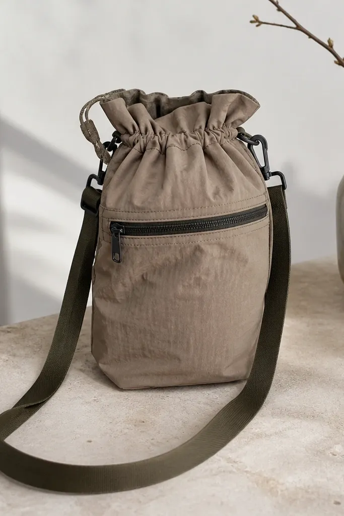 A small crossbody sling pouch made from a thrifted drawstring bag material. It has a new strap, a front zipper pocket, and a clean top cinch.