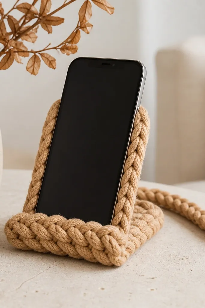A chunky yarn phone stand in warm tan with a braided base cord. The stand holds a phone upright, and the yarn looks thick and soft.